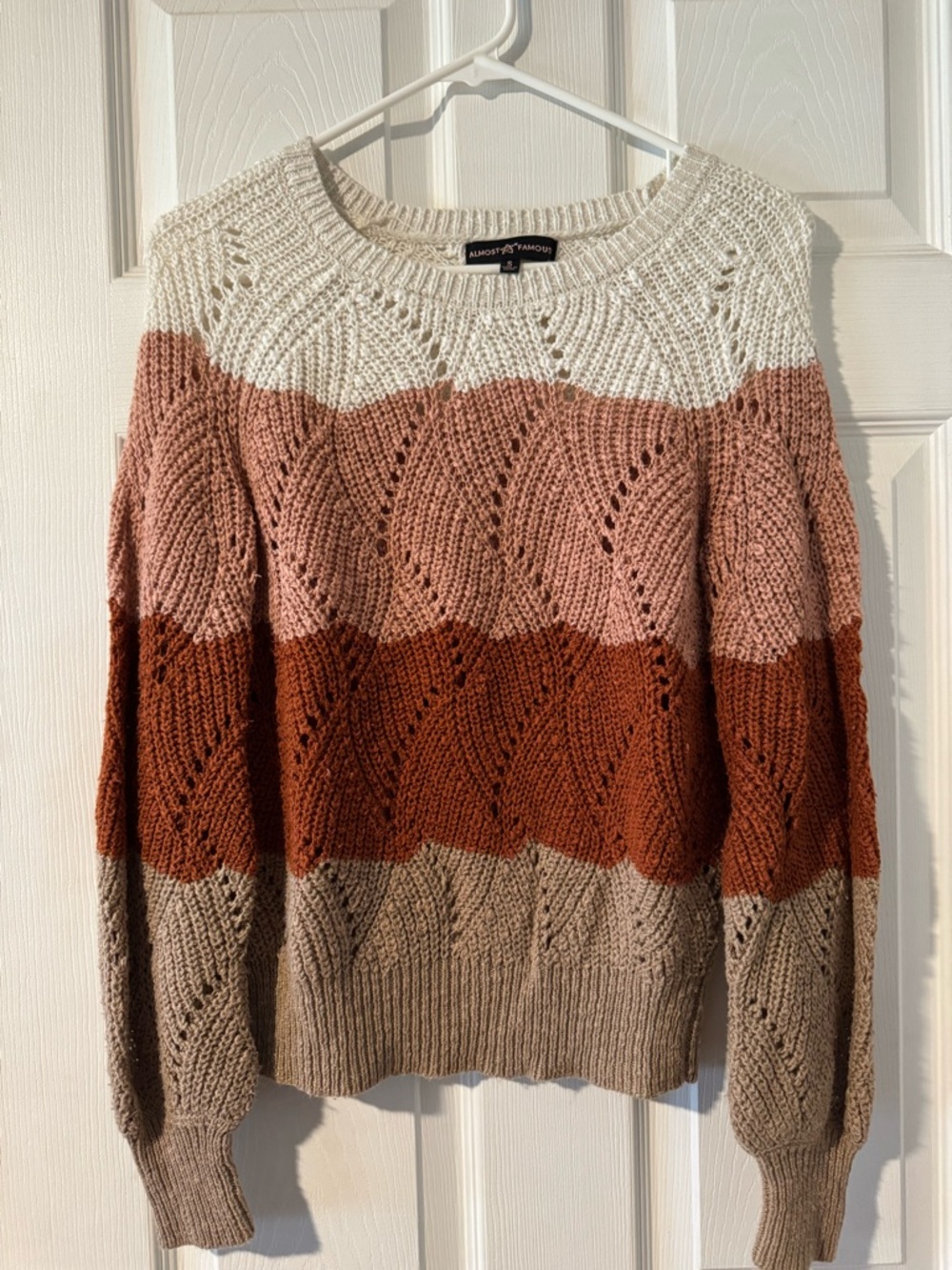 Almost Famous Striped Crewneck Sweater in Cream, Pink, Rust, and Taupe